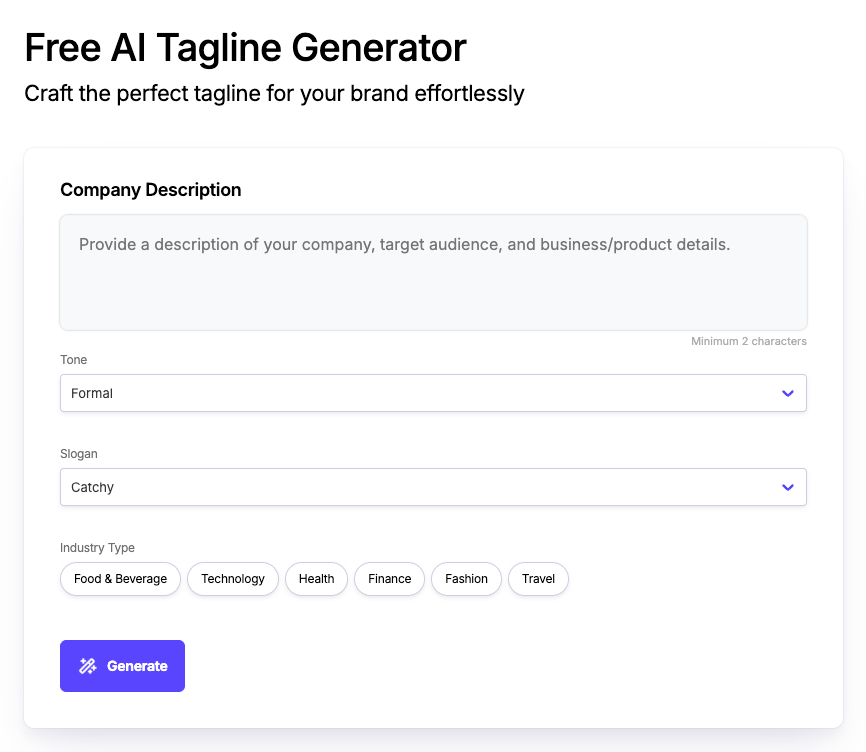 Free AI Tagline Generator screenshot and logo